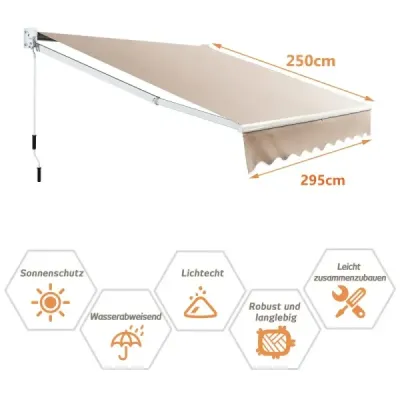 Copertină extensibilă exterioară din poliester rezistent la apă 295 x 250 cm Bej
