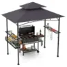Pavilion grătar cu acoperiș dublu &amp; rafturi laterale &amp; coș de metal adăpost de grătar gri închis