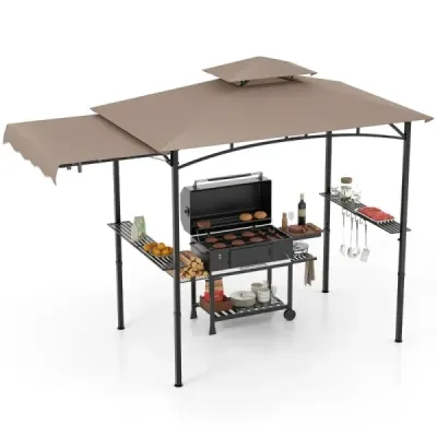 GrillPavillon mit Seitenmarkise Doppeldach 2 Seitenregalen & Haken Garten Pavillon BBQ Pavillon Braun