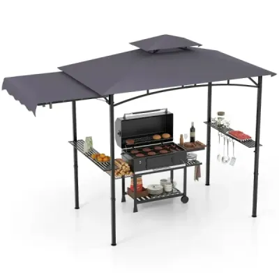 GrillPavillon mit Seitenmarkise Doppeldach 2 Seitenregalen & Haken Garten Pavillon BBQ Pavillon Dunkelgrau