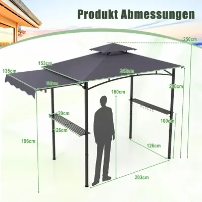 GrillPavillon mit Seitenmarkise Doppeldach 2 Seitenregalen & Haken Garten Pavillon BBQ Pavillon Dunkelgrau