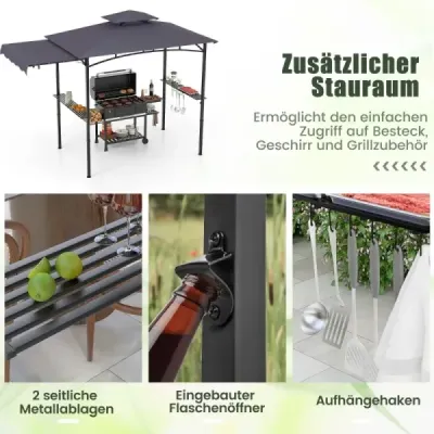 GrillPavillon mit Seitenmarkise Doppeldach 2 Seitenregalen & Haken Garten Pavillon BBQ Pavillon Dunkelgrau