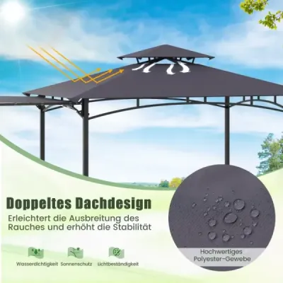 GrillPavillon mit Seitenmarkise Doppeldach 2 Seitenregalen & Haken Garten Pavillon BBQ Pavillon Dunkelgrau