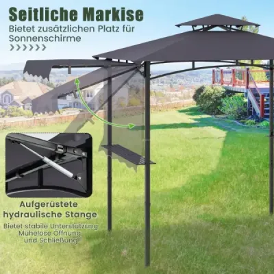 GrillPavillon mit Seitenmarkise Doppeldach 2 Seitenregalen & Haken Garten Pavillon BBQ Pavillon Dunkelgrau