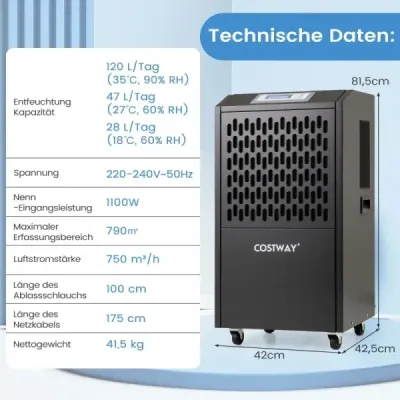 118 L/zi Uscator de constructii cu furtun de scurgere & 24H Timer & 4 roti Dezumidificator de aer comercial Negru