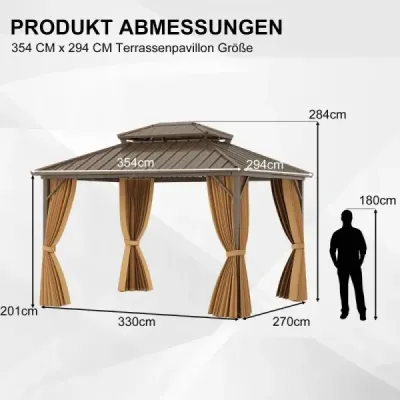 Podívajte sa bližšie na náš záhradný altánok! Náš altánok s pevnou strechou s rozmermi 354 x 294 cm s dvojvrstvovou pozinkovanou
