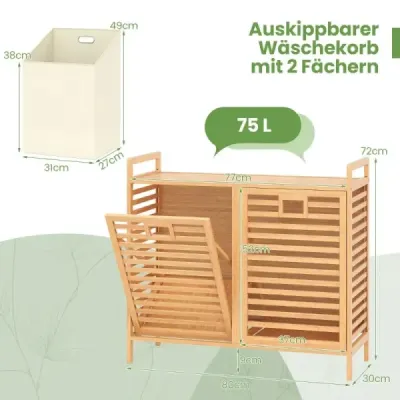 Colecţionar dublu de rufe din bambus 75L cu 2 containere detașabile Natura