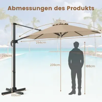 parasolar 300 x 300 cm cu manivela 360° ecran rotativ lumina de trafic