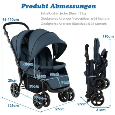 Geschwisterwagen masina dubla pliabila cu backrest reglabil & top 30 kg albastru incarcat