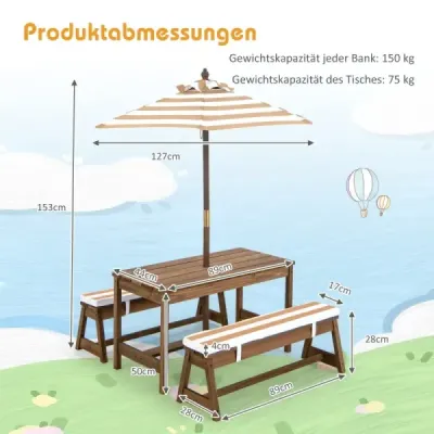 Masa picnic cu umbrela & banci masa si banci set Brown