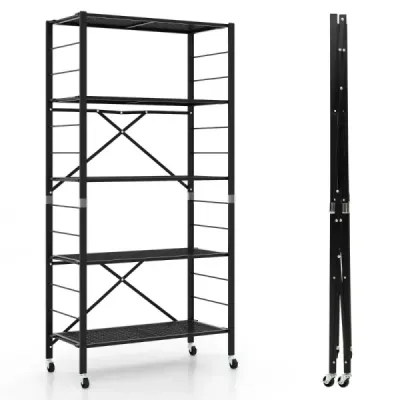 Raft pliabil de depozitare cu roți auto-adjustabile cu rack mare capacitate metalică Negru