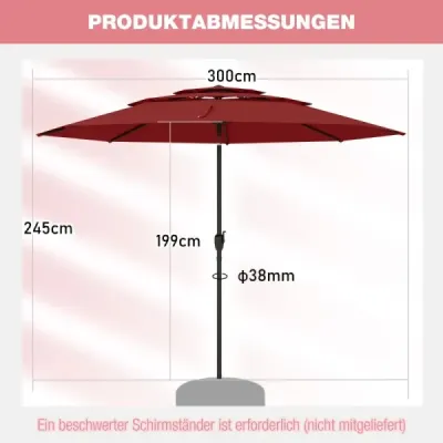 umbrelă rezistentă la vânt stabil 300 cm umbrelă de grădină cu manivelă pe ambele părți de 30° vin winkable roșu